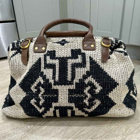 Anthropologie Handbags - Anthropologie Woven Boho Carpet Bag w leather straps and trim EUC